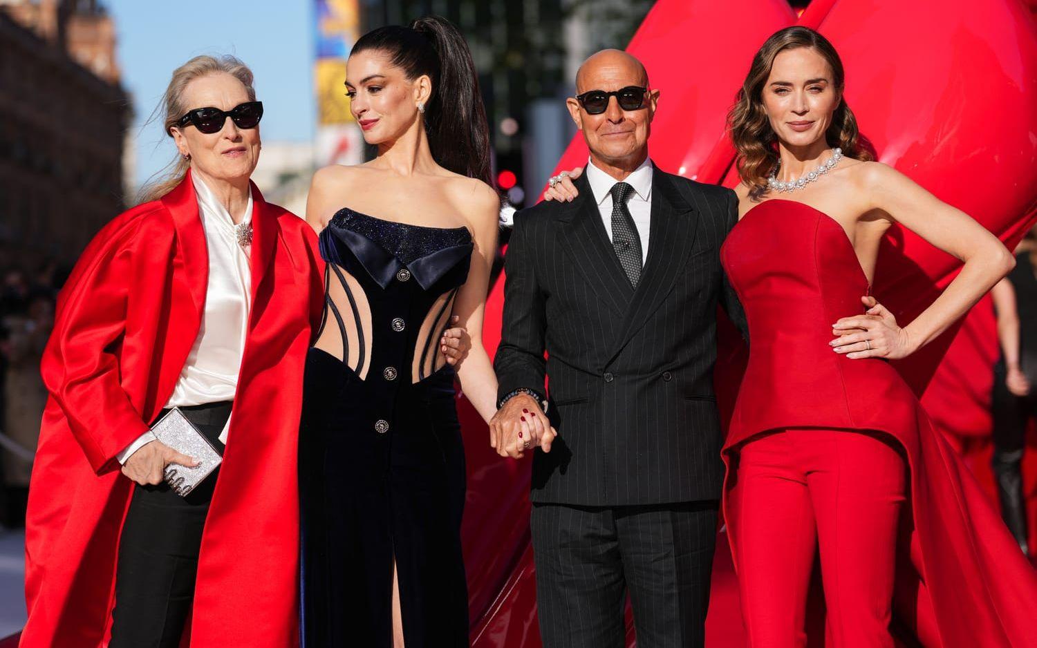 Meryl Streep, Anne Hathaway, Stanley Tucci och Emily Blunt på premiären för "Djävulen bär Prada 2" i London. 
