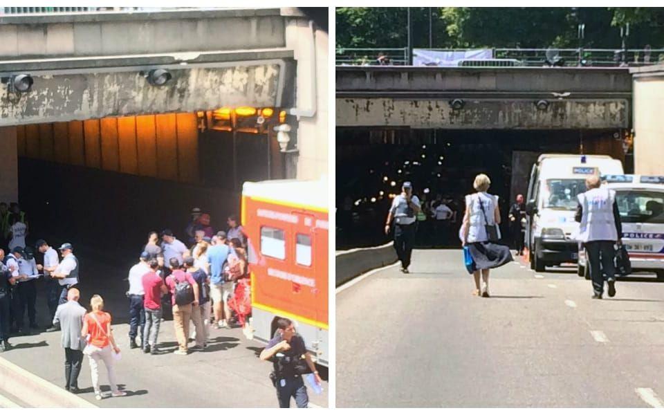 Fyra personer skadades när bussen kraschade in i bron. Kollage: GP Bilder:Bfm paris

