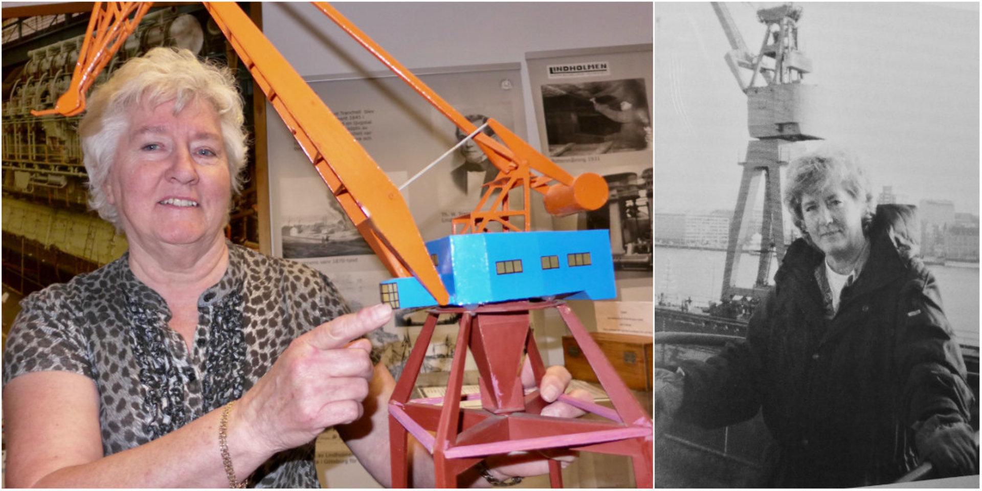 Under nästan hela sitt yrkesverksamma liv arbetade Kerstins Rundström som kranförare på olika varv i Göteborg. På bilden till höger poserar hon vid lejdaren efter ett arbetspass på Eriksbergs varv.
