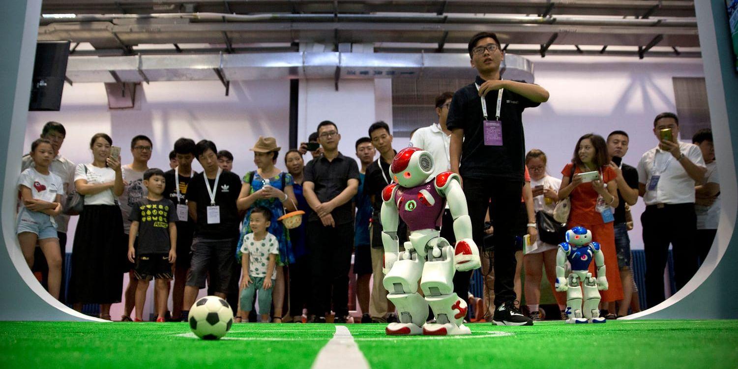 Besökarna på världsrobotkonferensen tittar på en fotbollsmatch mellan robotar.