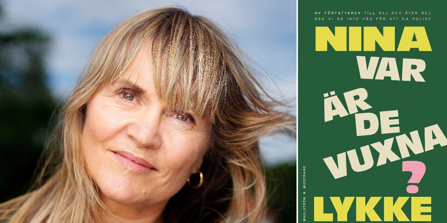 Norska författaren Nina Lykke med långt blont hår som flyger och omslaget till hennes roman ”Var är de vuxna?” 
