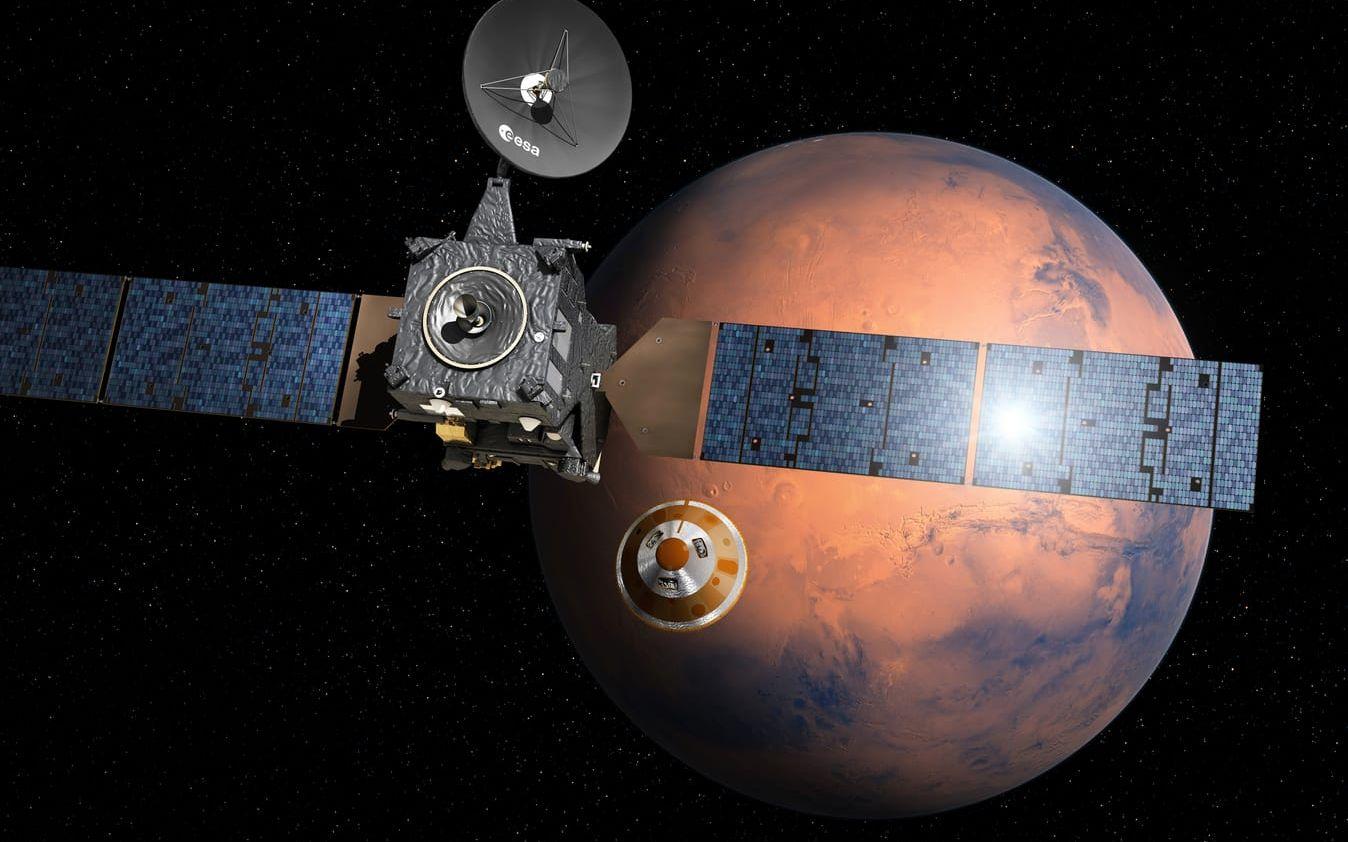 Schiaparelli lämnar den sond som skall lägga sig i omloppsbana kring Mars i ett försök att försöka att landa på planeten. Bilden är skapad av den europeiska rymdorganisationen ESA. Foto: ESA/AP/TT