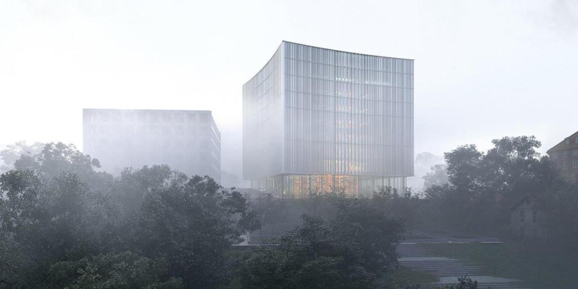 Skiss av hur nya universitetsbiblioteket vid Näckrosdammen ska ut. 