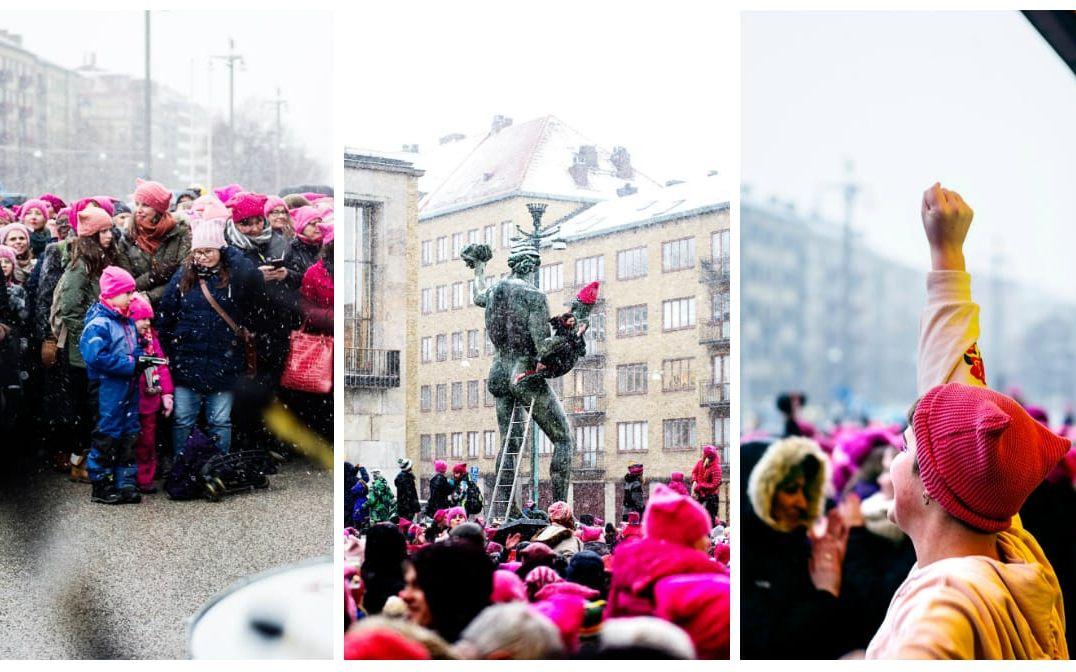 Många av dem som samlats bar rosa mössor under firandet. FOTO: Anna Svanberg