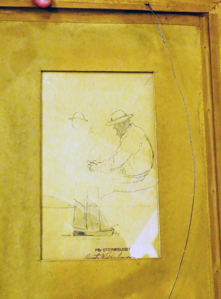  På baksidan av en känd litografi av Carl Wilhelmsson fanns en förlaga till en av gubbarna som spanar mot havet i målningen ”På berget”, inköpt för 3 700 till Göteborgs konstmuseum 1908. 