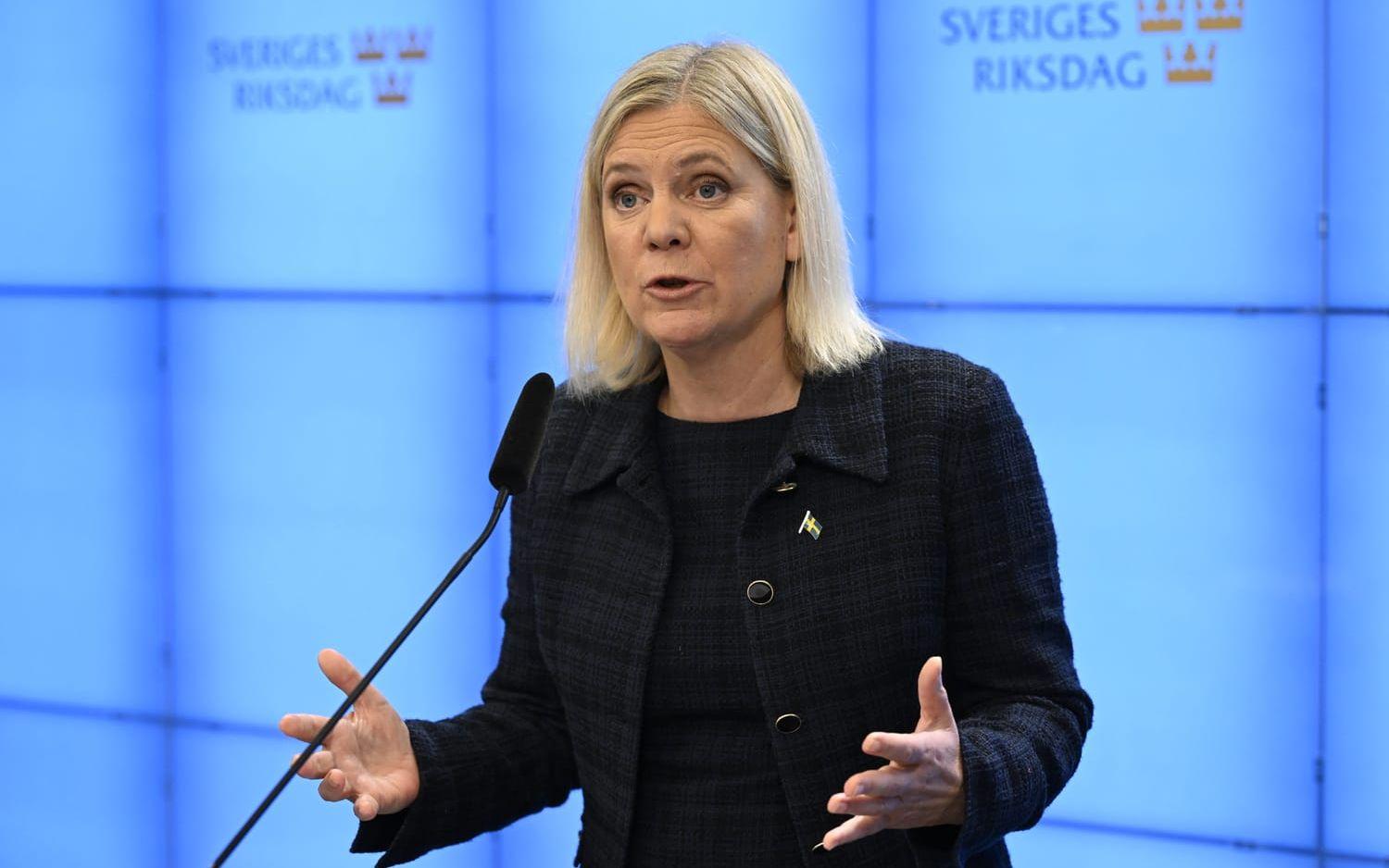 Magdalena Andersson (S) under en pressträff om gängvåldet på onsdagen. Arkivbild.