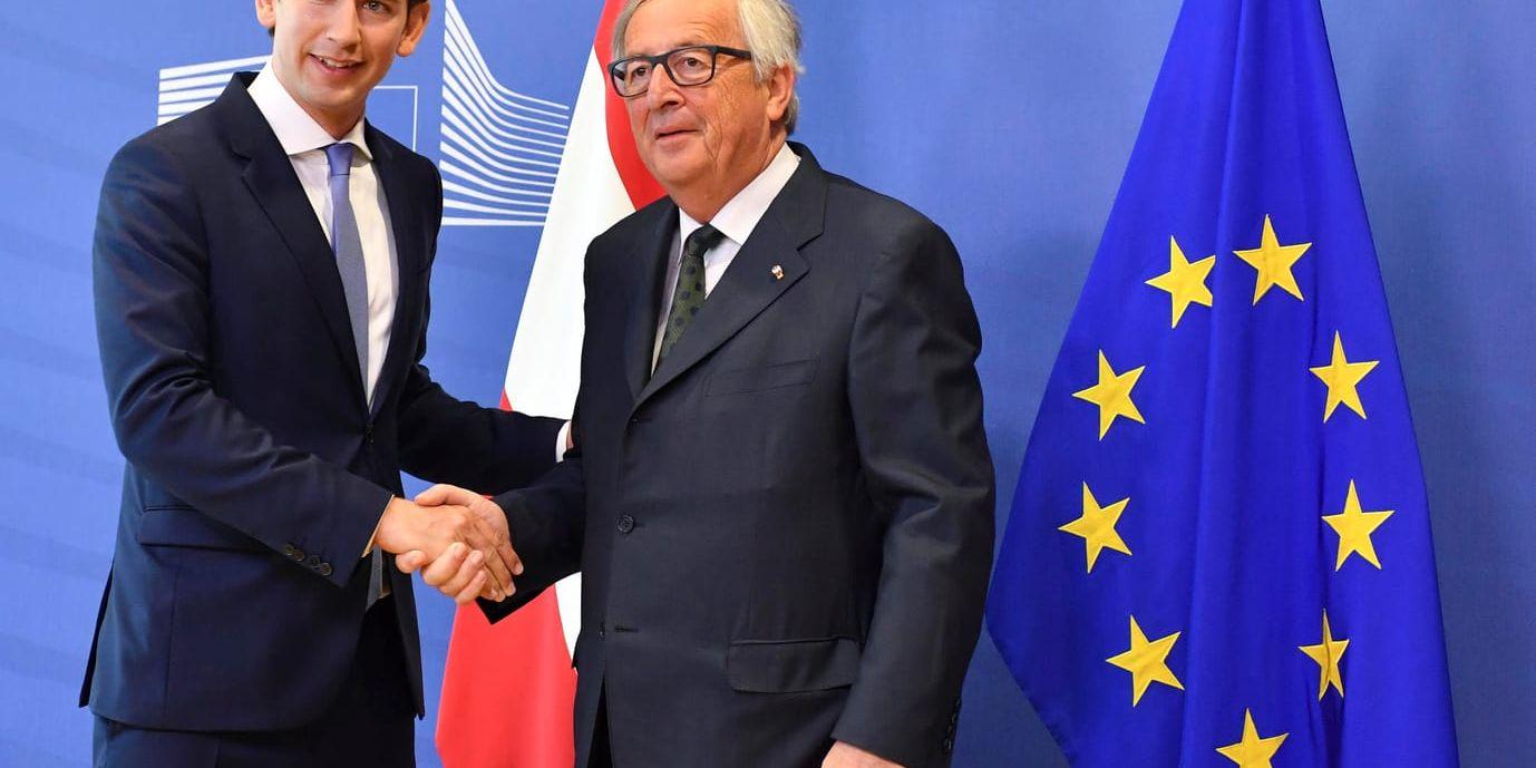 Österrikes förbundskansler Sebastian Kurz skakar hand med EU-kommissionens ordförande Jean-Claude Juncker.
