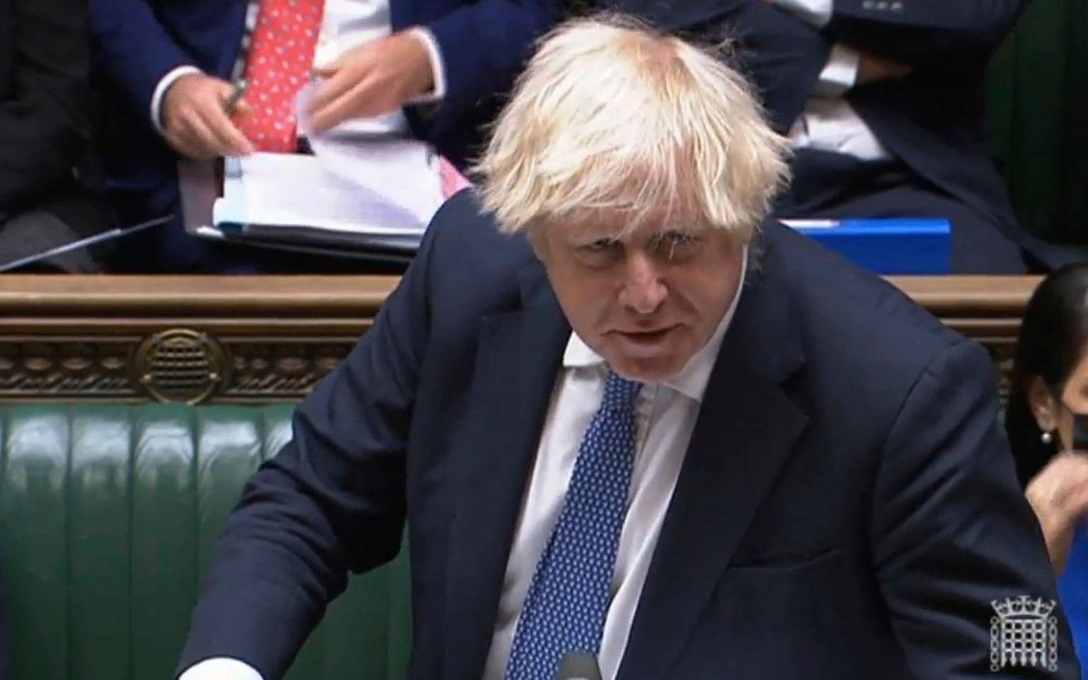 Storbritanniens premiärminister Boris Johnson under talet där han meddelar landets diplomatiska OS-bojkott.