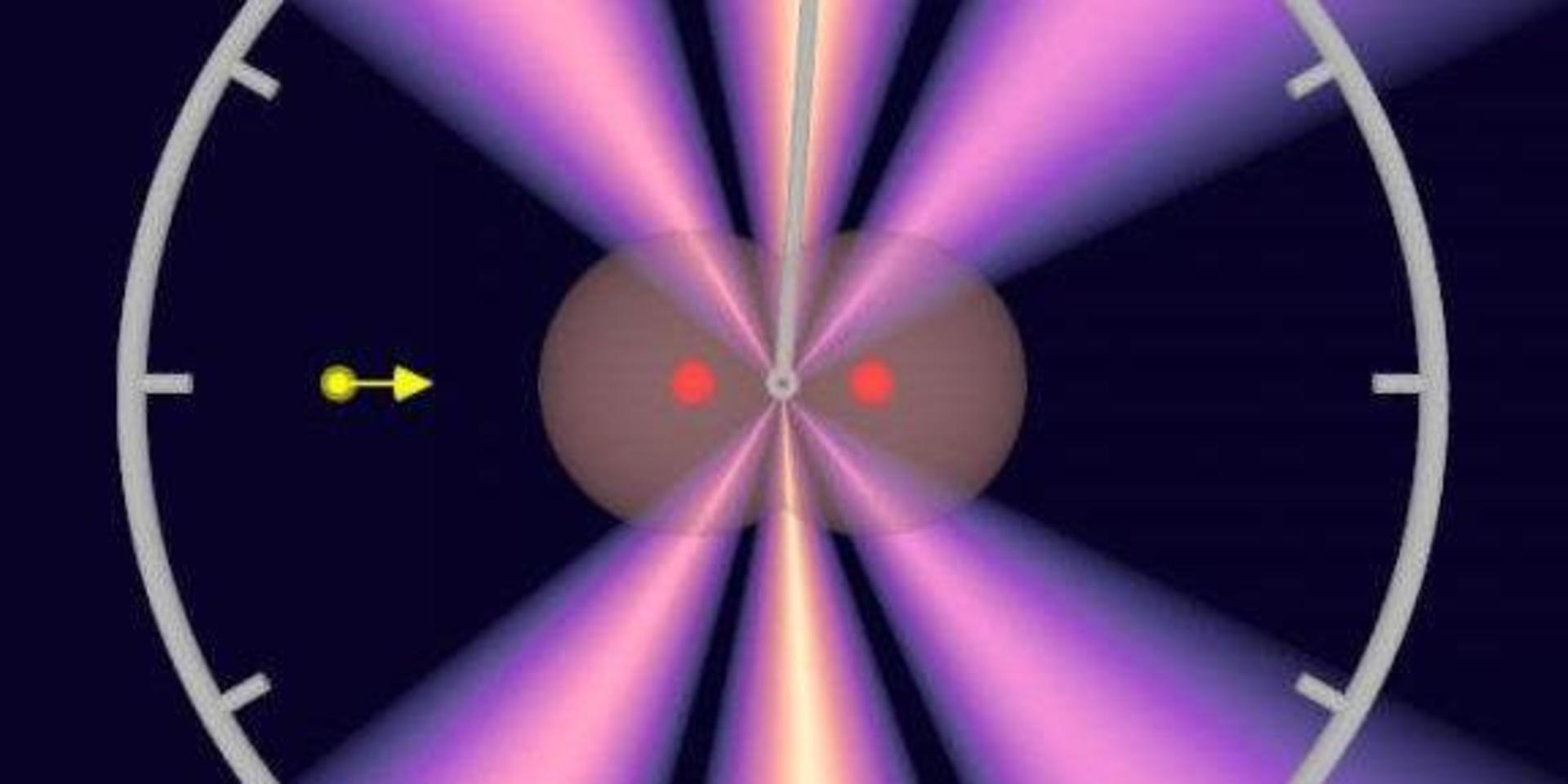 Bilden visar hur fotonen (gul) producerar elektronvågor ur elektronmolnet (det grå) och när vågorna möts (det violetta). De röda prickarna är atomkärnorna i vätgasmolekylen. Det violetta mönstret drar något åt höger, vilket gör det möjligt att beräkna hur lång tid det tar för fotonen att gå från den ena atomen till den andra.