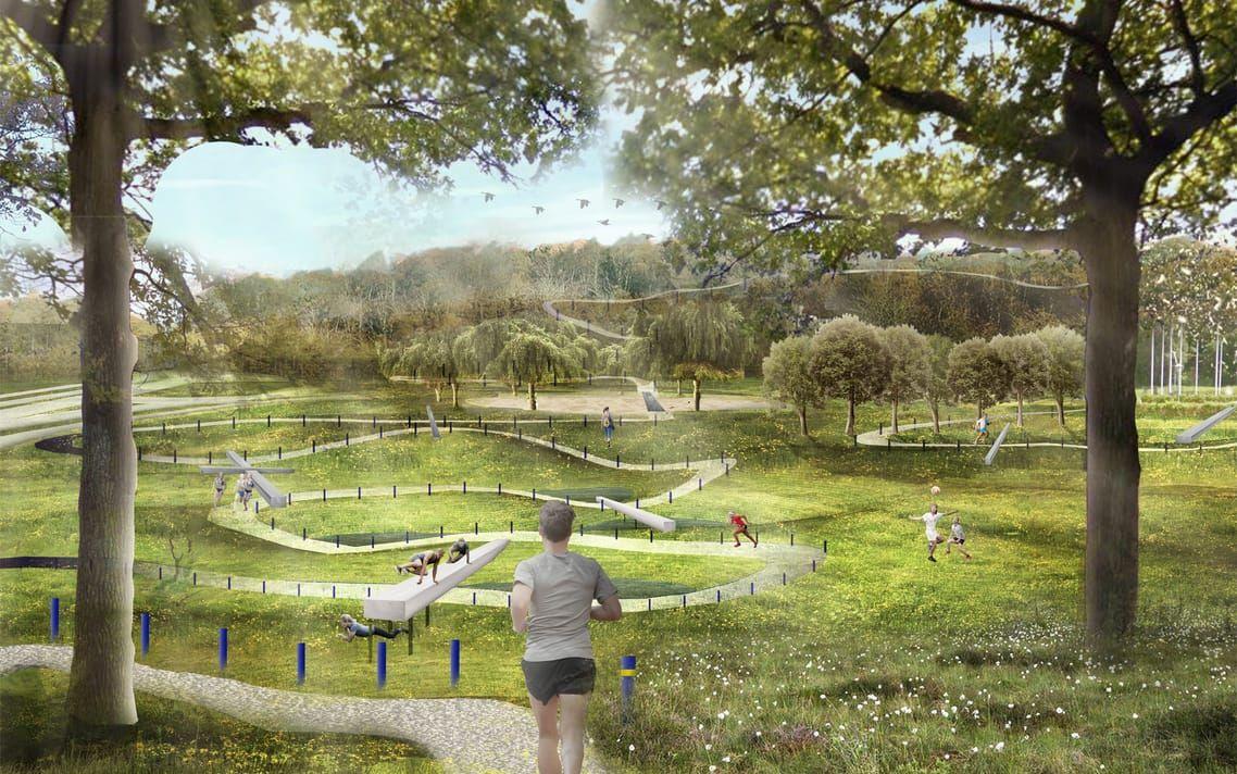 Förslag B. En lekfull park. Ska inbjuda till spontan informell och lekfull motion och samvaro anpassat för framtiden.