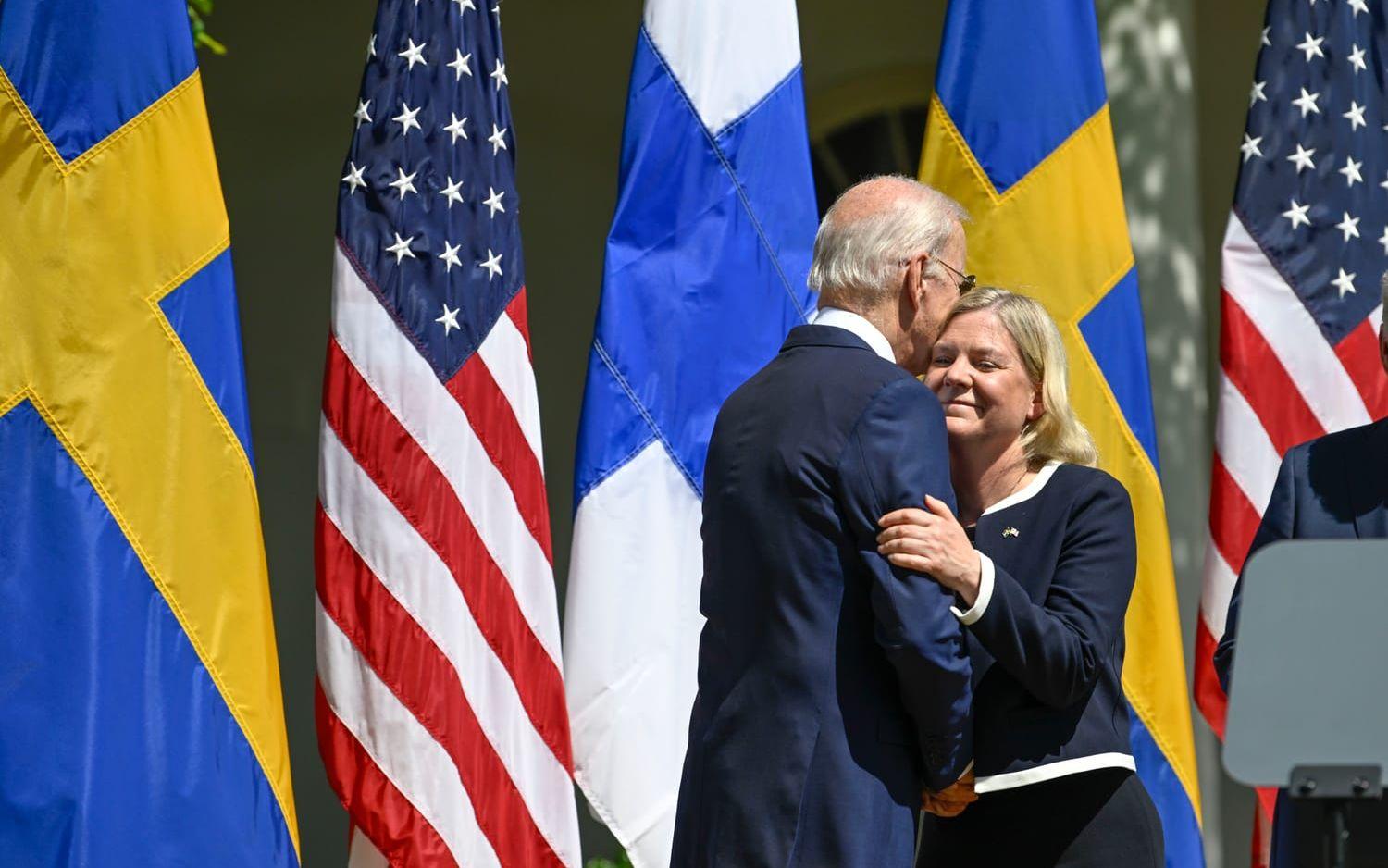 USA:s president Joe Biden och statsminister Magdalena Andersson vid presskonferensen efter mötet i Vita huset.
