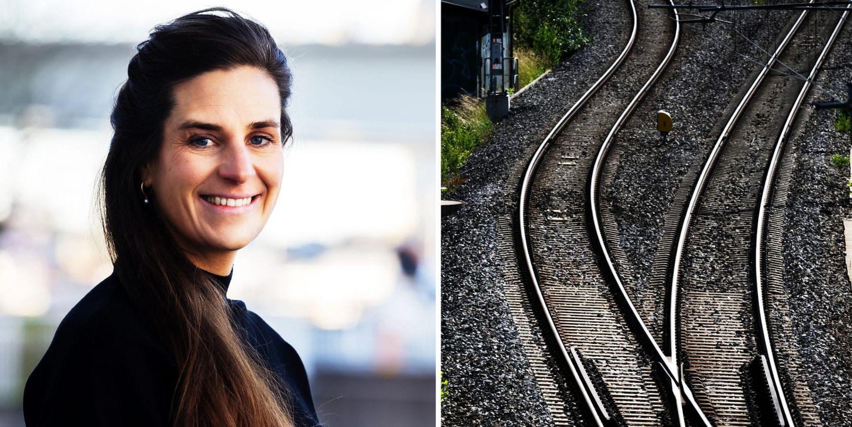 En kvinna i svart polo och långt hår ler – till höger vy över en räls som delas i två.