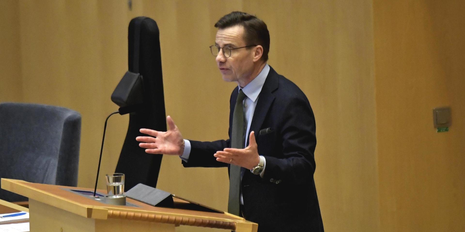 Moderaternas partiledare Ulf Kristersson (M) under onsdagens partiledardebatt i riksdagen.