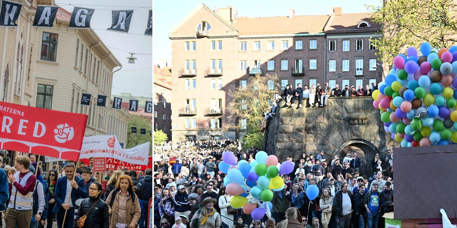 Collage med förstamajdemonstration och cortegepublik.