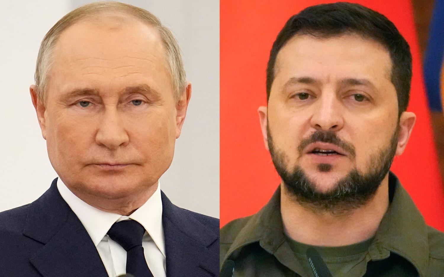 Rysslands president Vladimir Putin och Ukrainas dito Volodymyr Zelenskyj. Montage av arkivbilder.