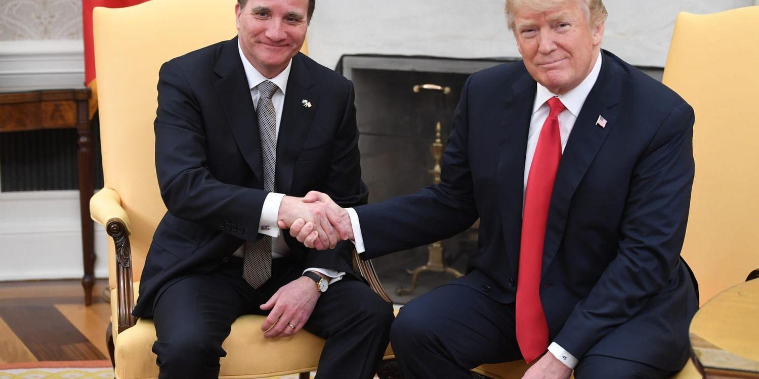 Statsminister Stefan Löfven med USA:s president Donald Trump under deras möte i Vita huset i Washington.