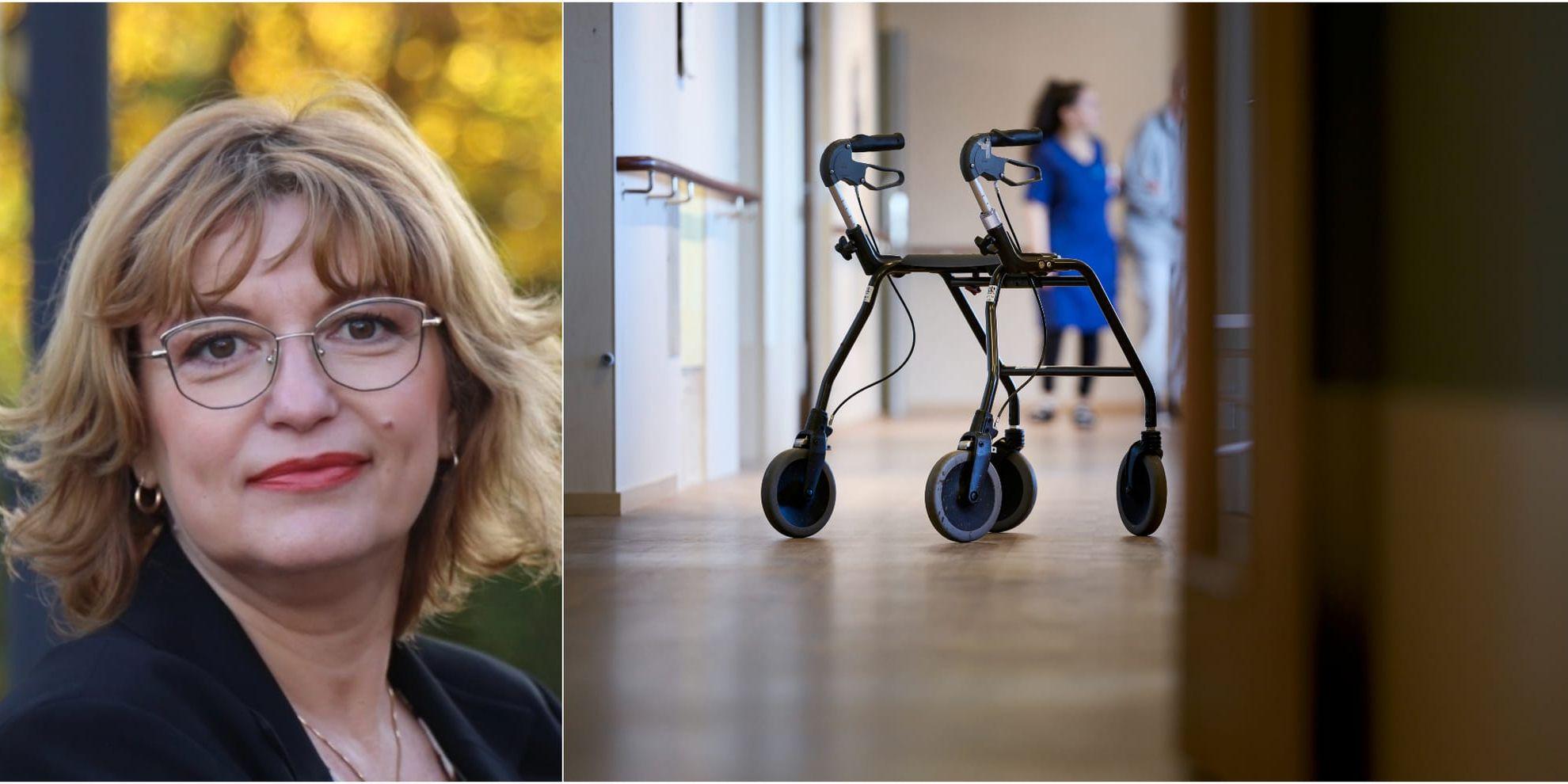 Bildkollage på Sanda Henriksson (SD) och en bild på ett vårdbiträde som tar hand om en äldre person på ett äldreboende.