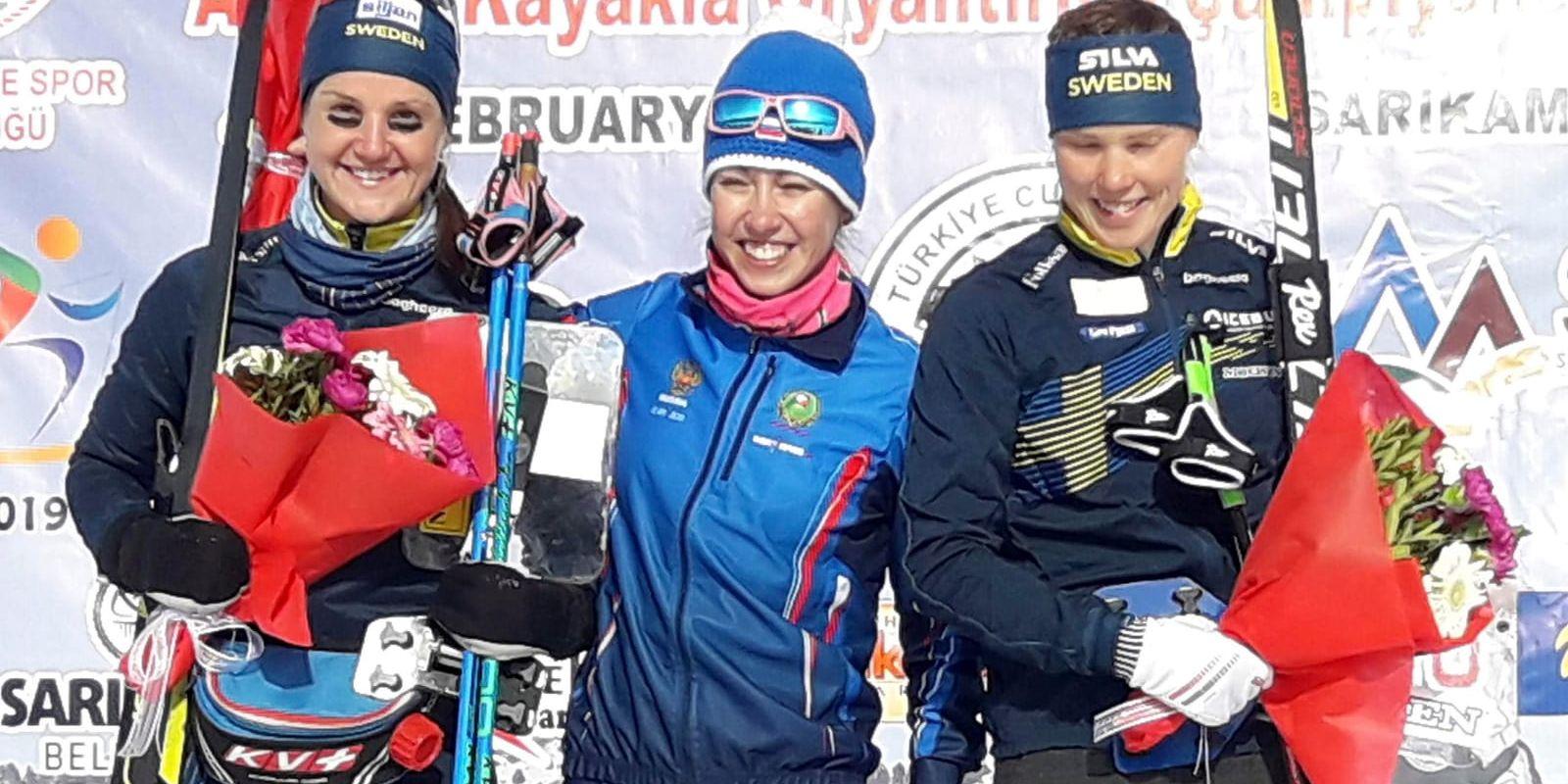 EM-medaljörerna i sprint på damsidan: Magdalena Olsson (silver), Alena Trapeznikova (guld), Tove Alexandersson (brons).