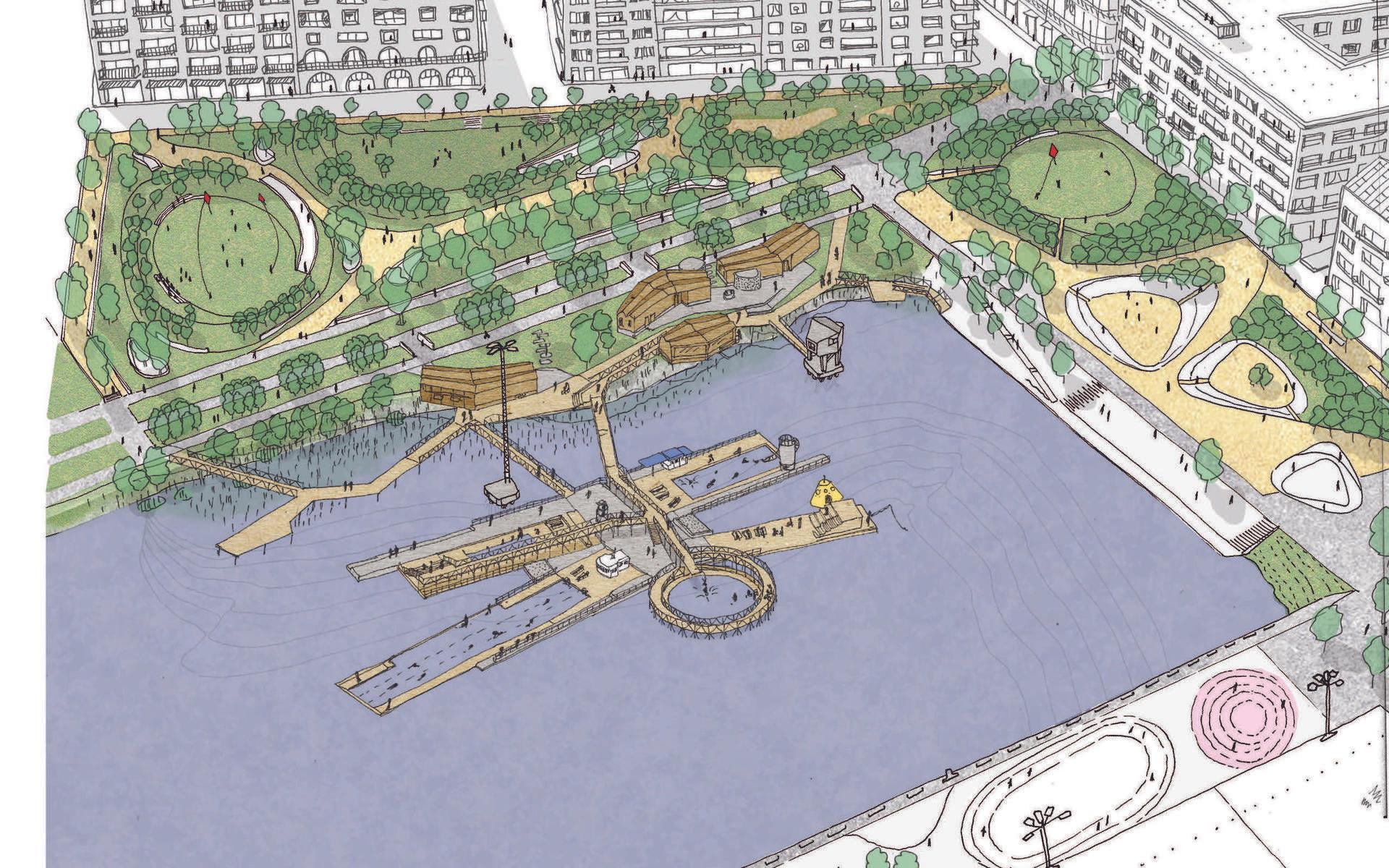 Visionsbilder över hamnbadet i Jubileumsparken.