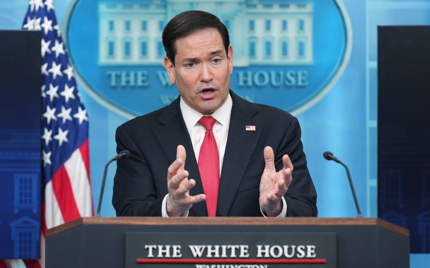 USA:s utrikesminister Marco Rubio under en pressträff i Vita huset.