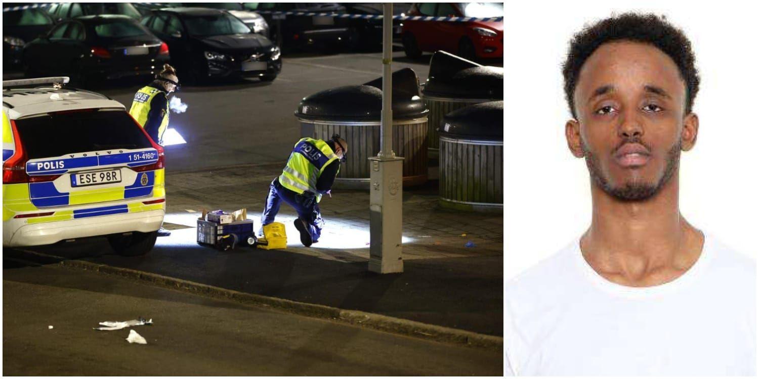 En brottsplats till vänster och en man till höger.
