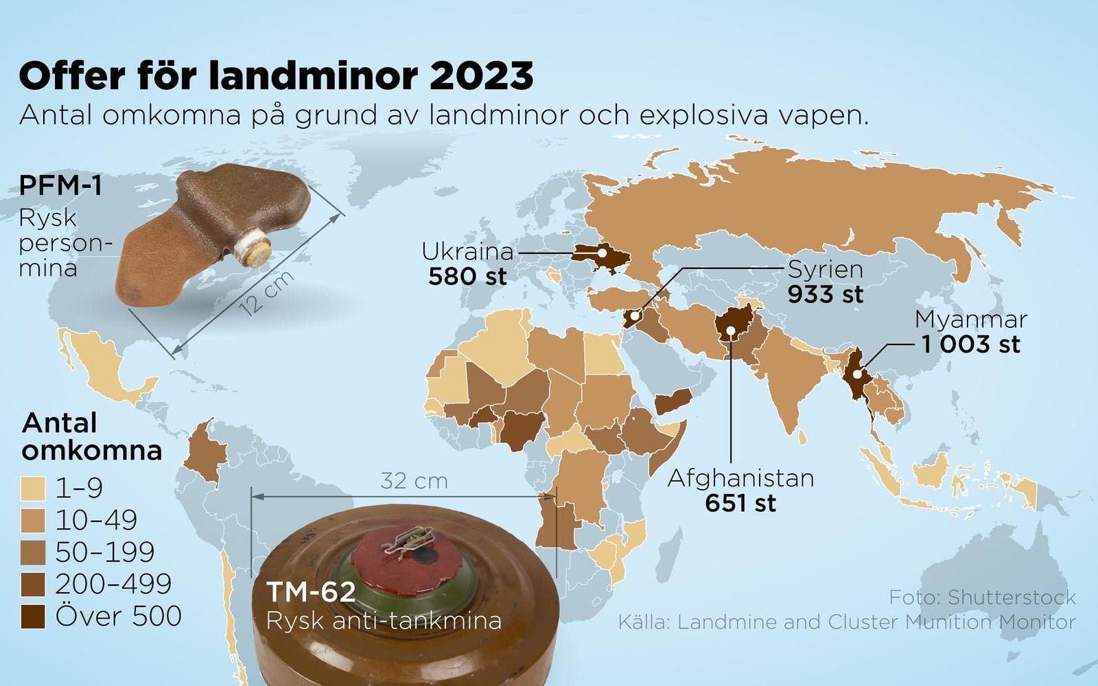 Kartan visar länder där människor omkom under 2023 till följd av landminor eller andra explosiva vapen.
