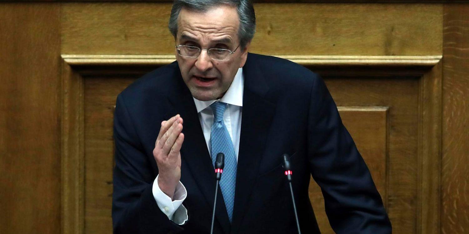 Antonis Samaras, konservativ före detta premiärminister i Grekland, under en debatt i parlamentet i Aten på onsdagen.