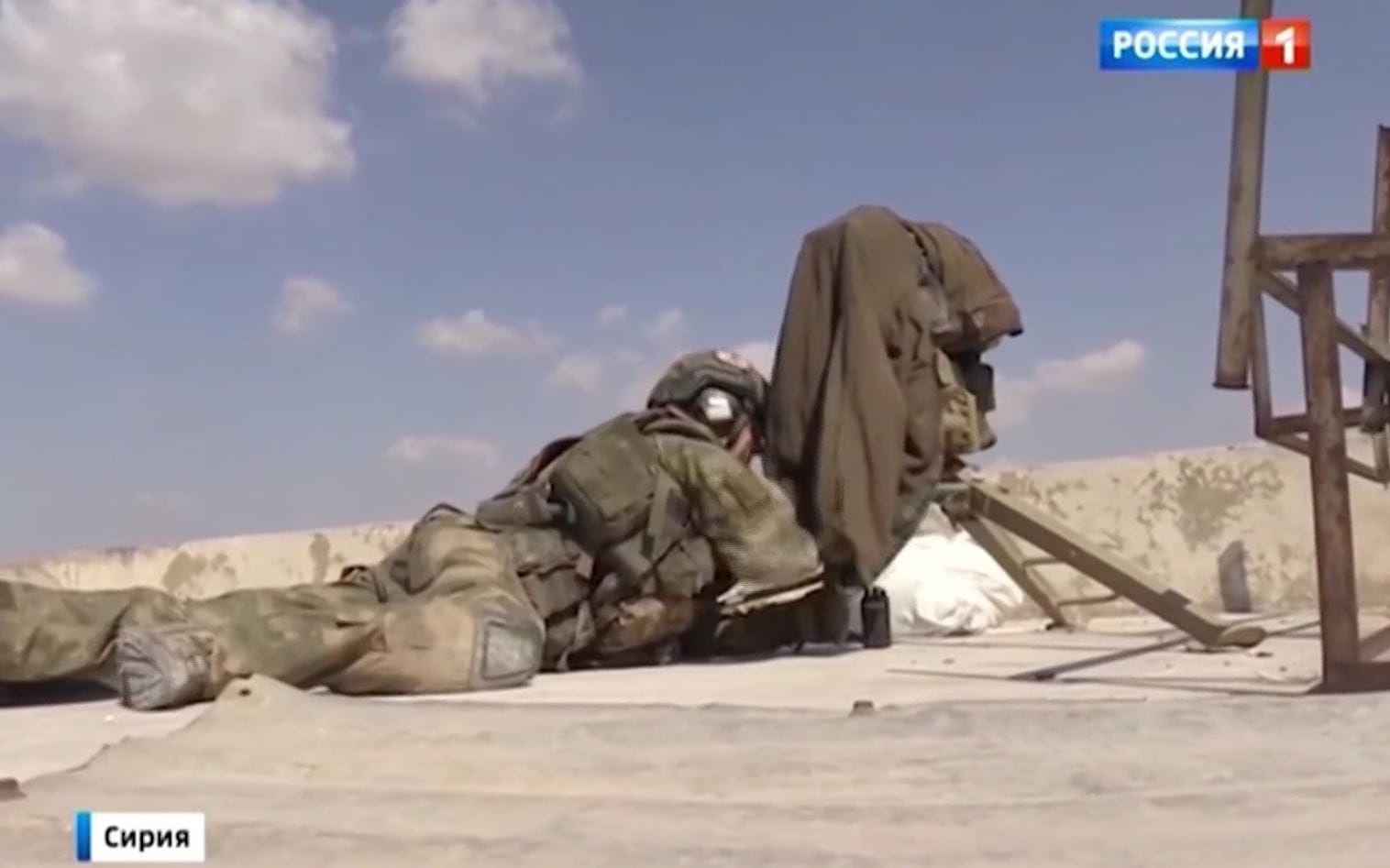 Rysk soldat på plats i Syrien. Skärmdump från ryska statliga televisionen.