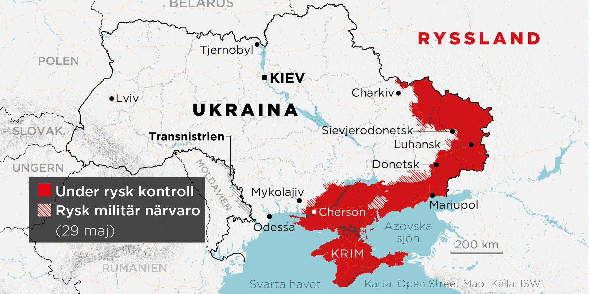 Områden under rysk kontroll samt områden med rysk militär närvaro den 29 maj.