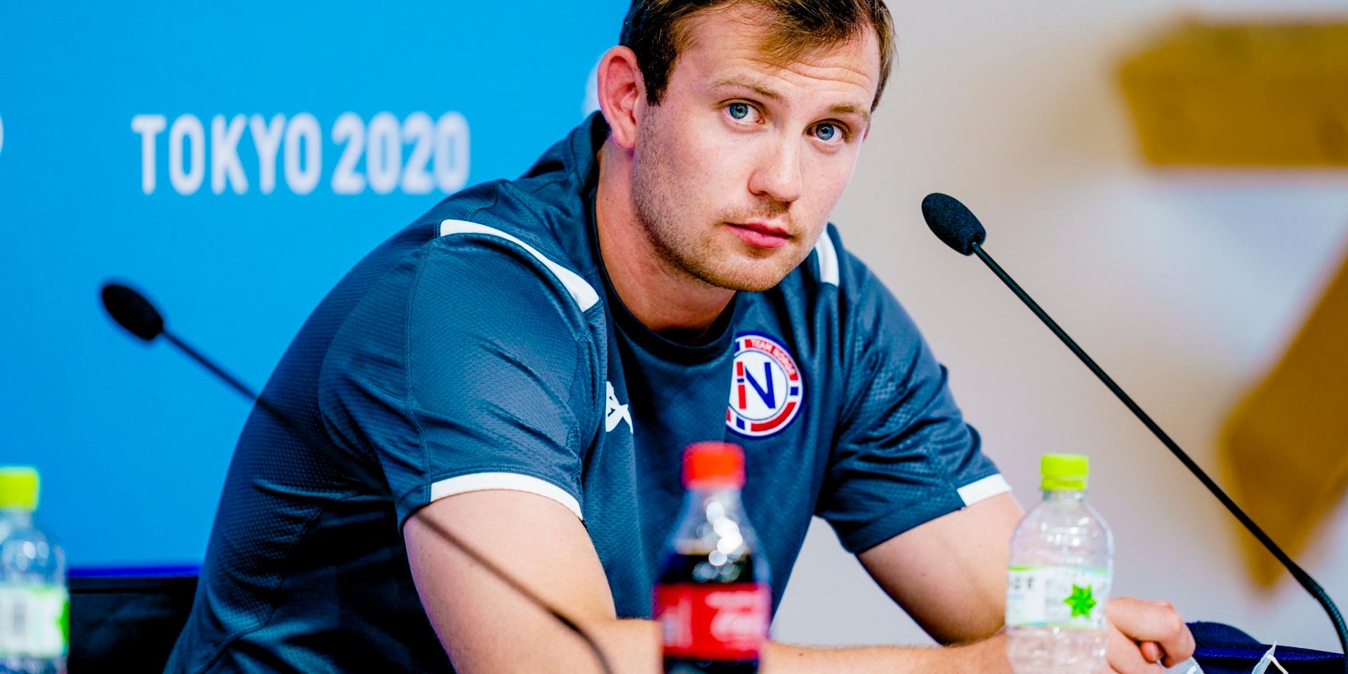 Sander Sagosen under pressekonferansen i OS-byn inför gruppspelet för handbollsherrarna.