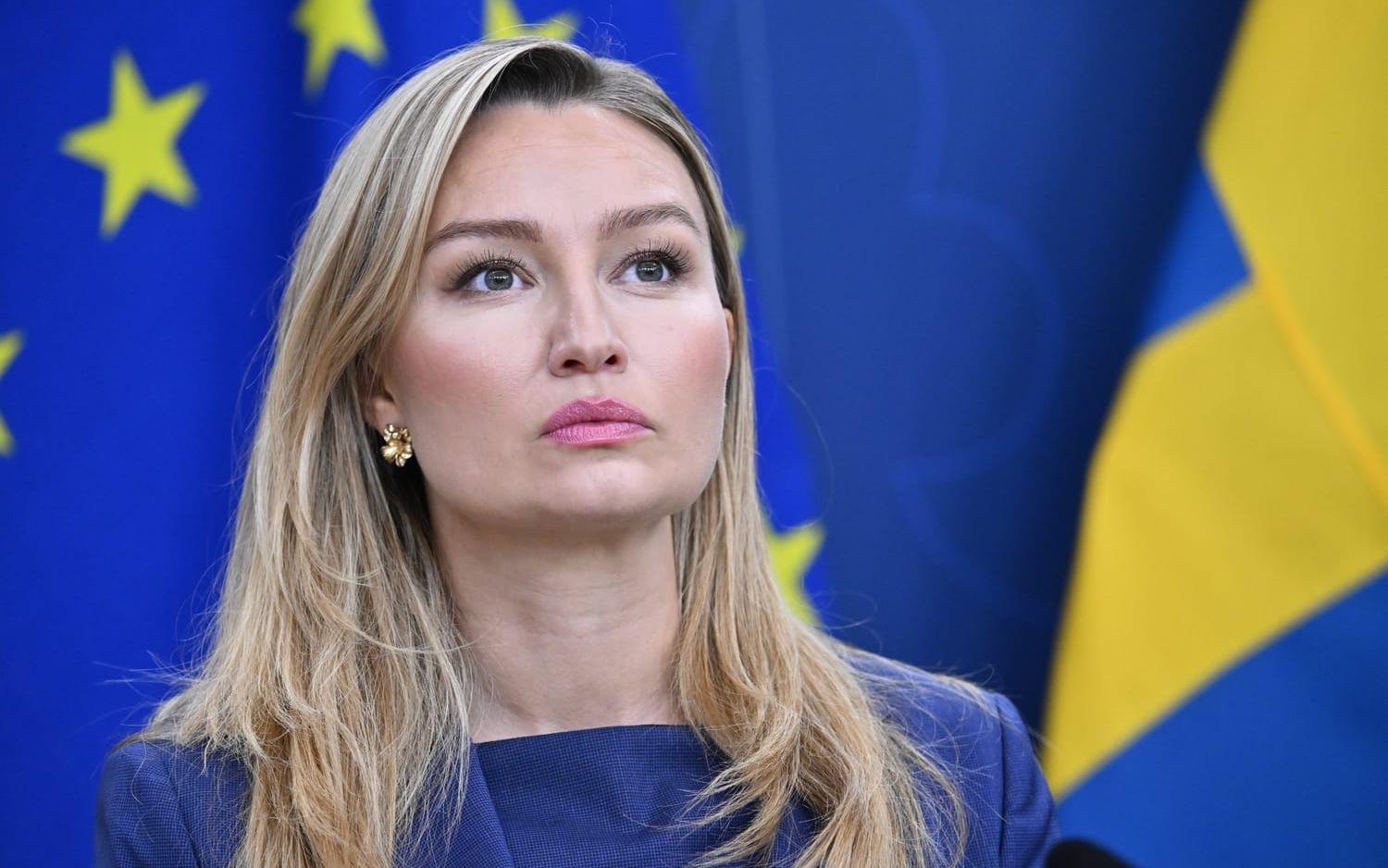 KD-ledaren Ebba Busch på en pressträff tidigare i veckan. 