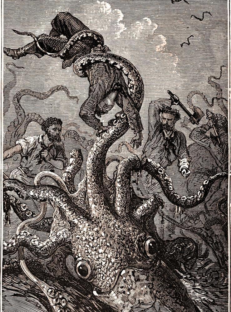 Skräcken och fascinationen för det okända i havsdjupet har varit stark i århundraden, tänk bara på myterna om kraken och Jules Vernes havsvidunder. Här en teckning av den franska konstnären Alphonse-Marie-Adolphe de Neuville  (1836–1885). 