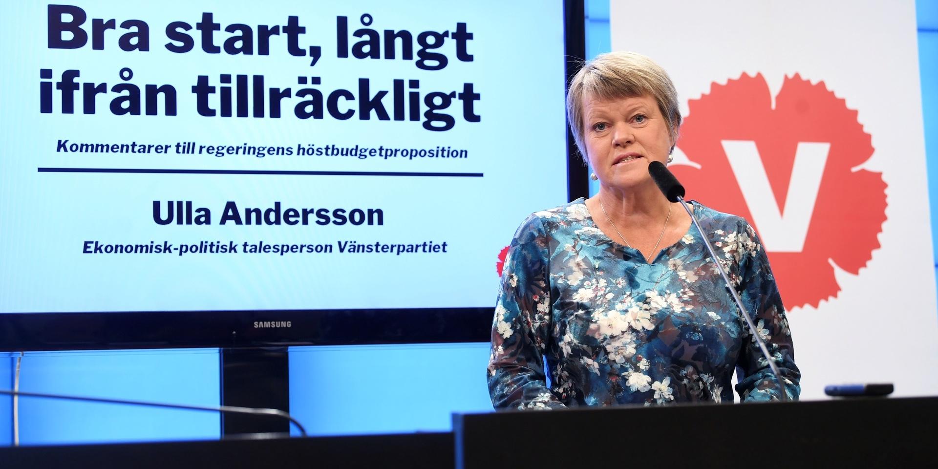 Ulla Andersson, Vänsterpartiets ekonomisk-politiske talesperson, kommenterar budgetpropositionen vid en pressträff i riksdagens presscenter.
