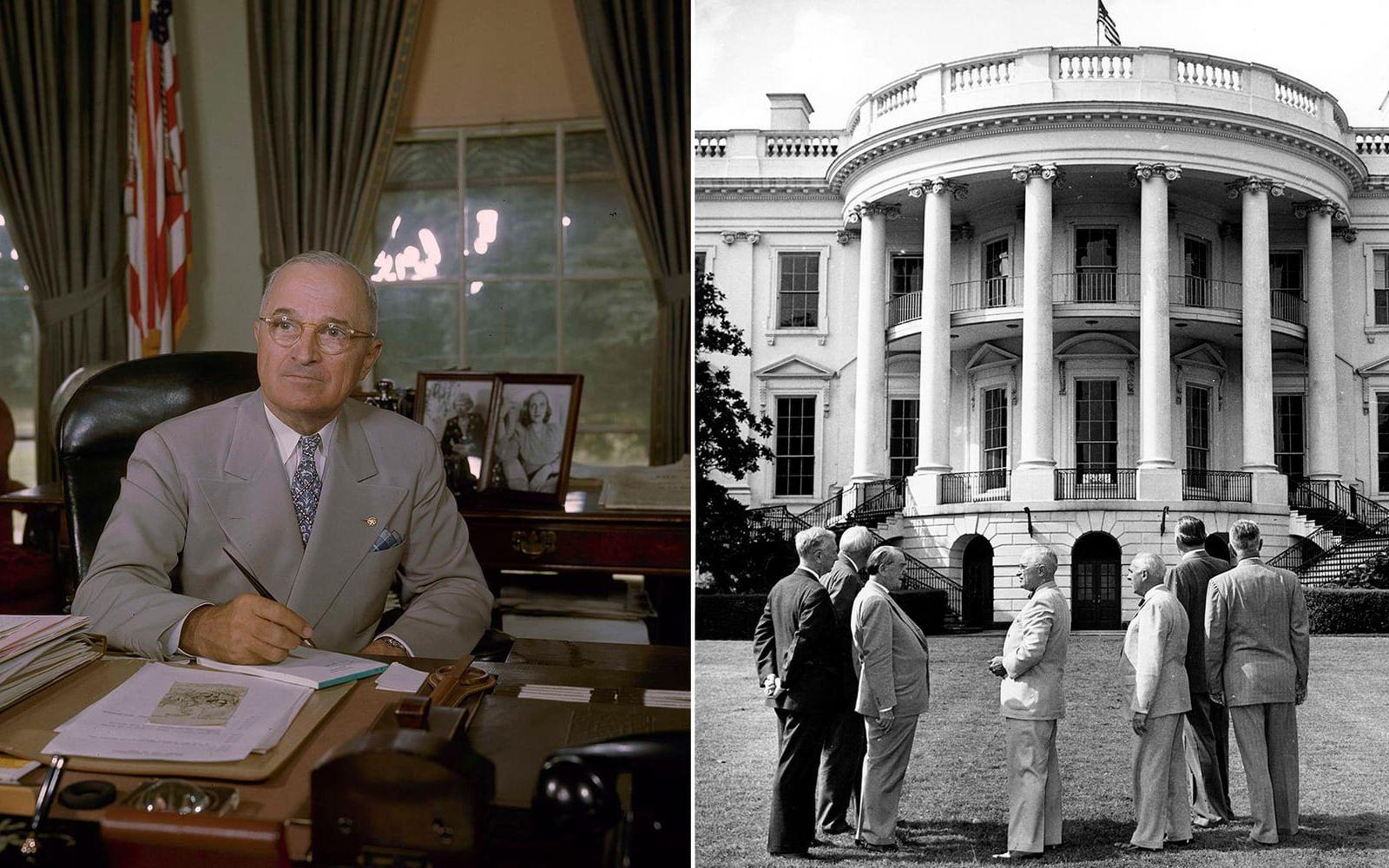 Till vänster: President Truman. Till höger: Vita husets renoveringskommitté. Foto: TT/U.S. National Archives