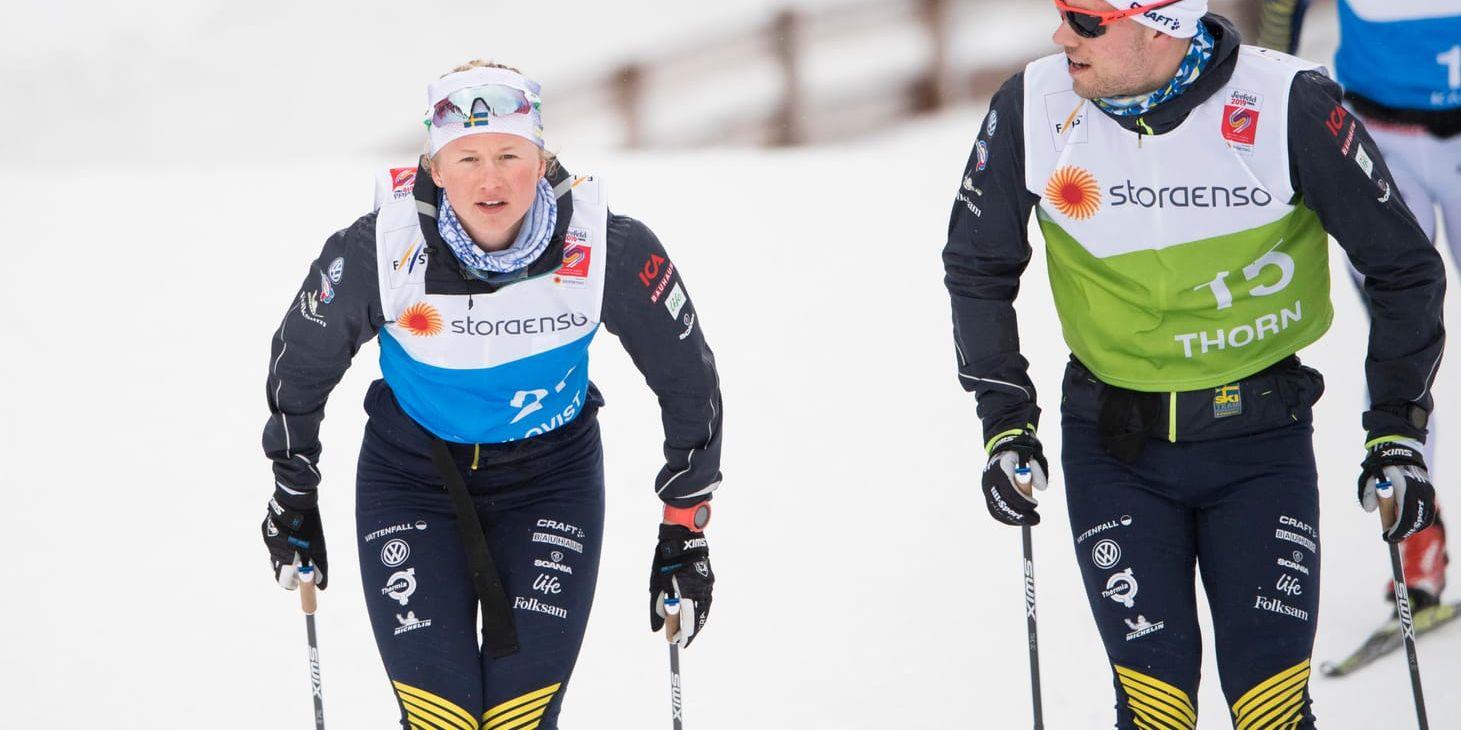 Maja Dahlqvist och Viktor Thorn, här under fredagens träning, hoppas båda kunna utmana om medaljerna i dagens sprintstafetter.