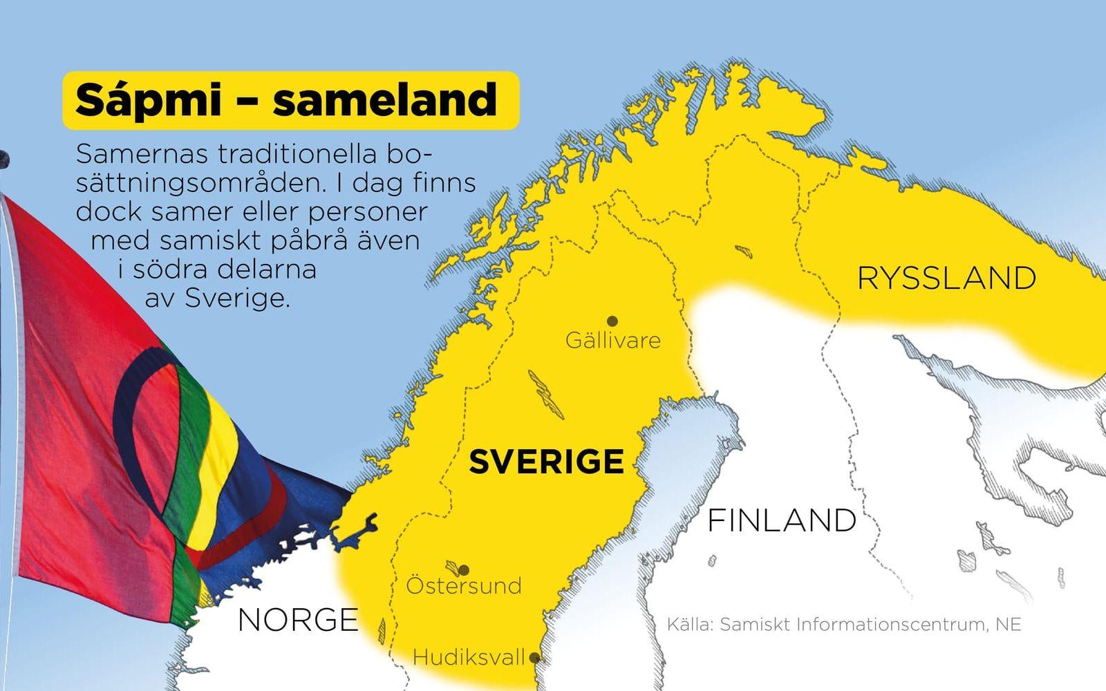 Samernas traditionella bosättningsområden. I dag finns dock samer eller personer med samiskt påbrå även i södra delarna av Sverige.