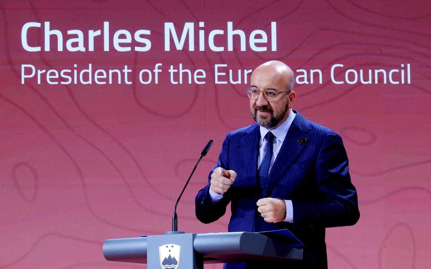 EU:s rådsordförande Charles Michel talar utvidgning vid ett möte i Slovenien.
