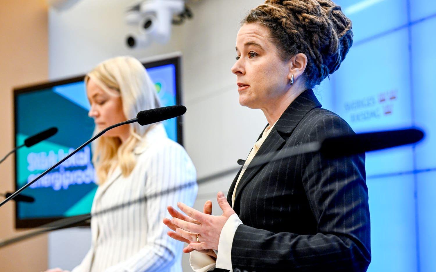 Jenny Jänkänpää (MP) kommunalråd i Gällivare och Miljöpartiets språkrör Amanda Lind vid en pressträff i riksdagen.