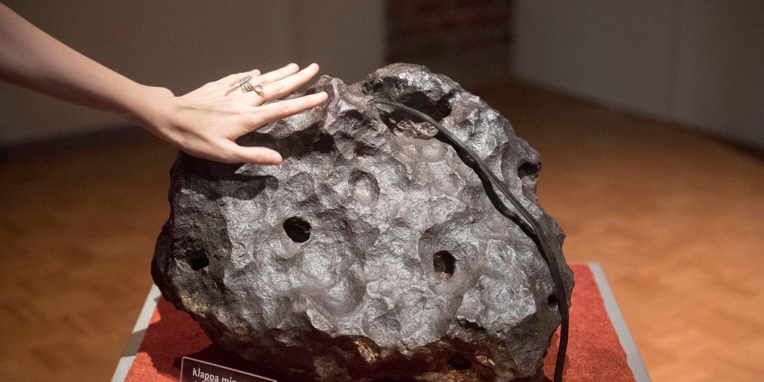 En meteorit av järn visas upp på Naturhistoriska museet i Stockholm.