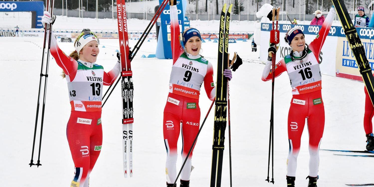 Marie Helene Fossesholm, Therese Johaug och Heidi Weng, som tog pallplatserna i Lahtis på lördagen, får komma till Falun och tävla i nästa vecka, trots reseförbud från Norge.