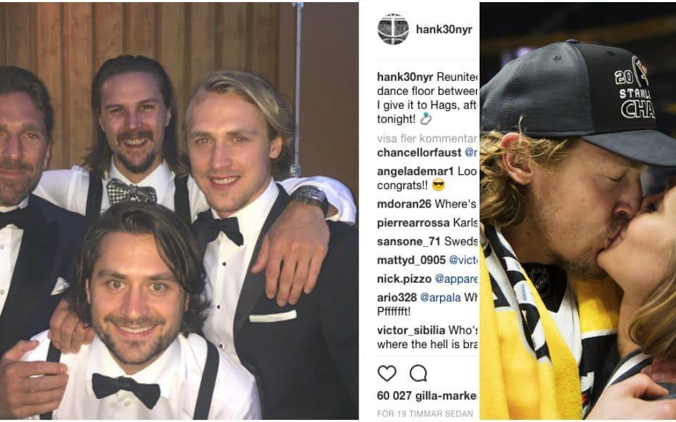 Henrik Lundqvist, Erik Karlsson och Mats Zuccarelllo var några av gästerna när Carl Hagelin gifte sig i helgen. Bild: Instagram/Bildbyrån