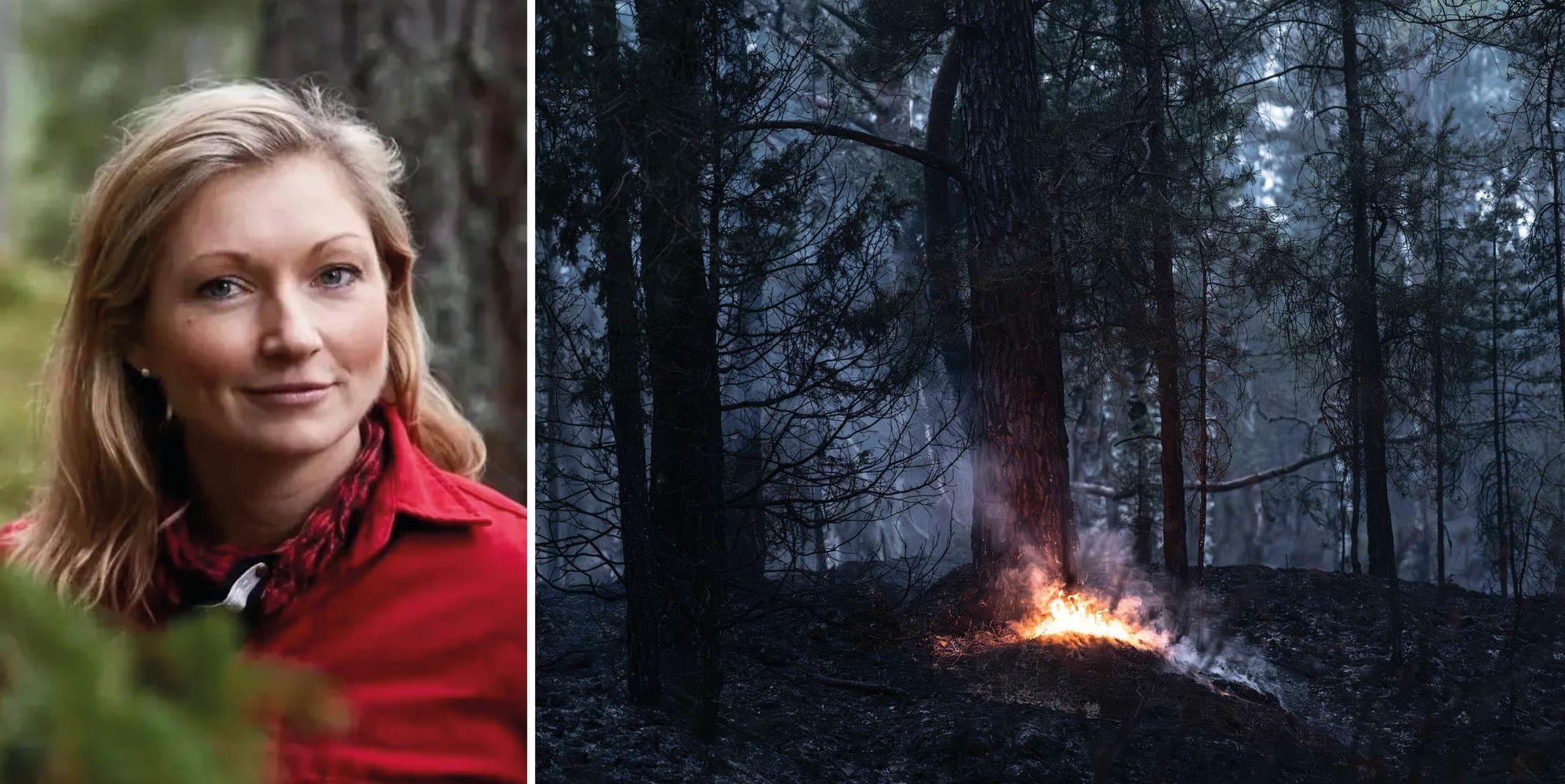 Ett montage av två bilder. En kvinna i blont hår och röd jacka till vänster och en skogsbrand till höger.