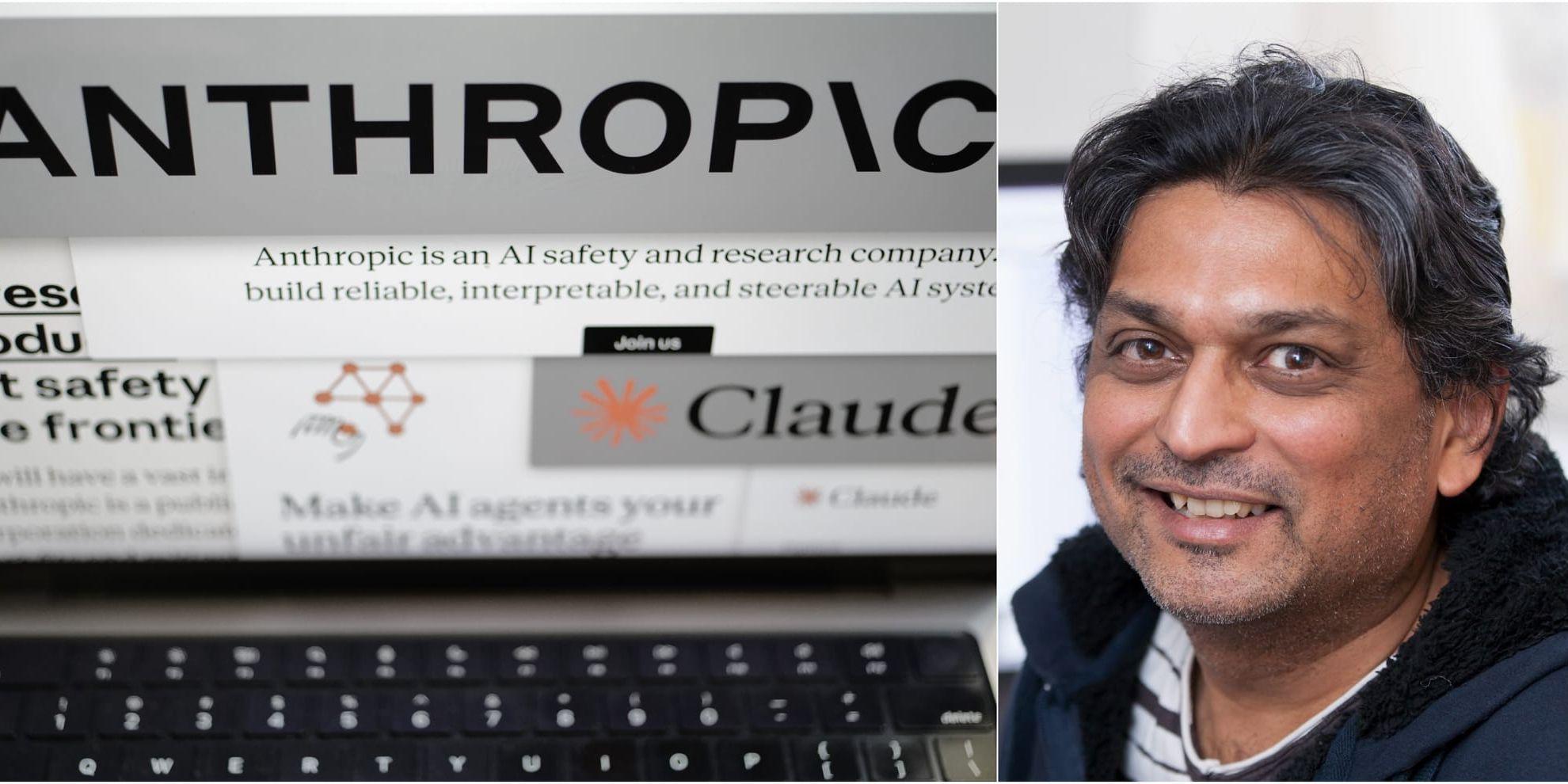 Bildkollage på företaget Anthropics logotype samt forskaren Devdatt Dudhashi