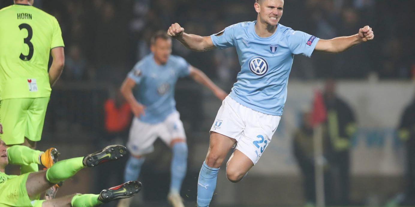 Malmö FF-anfallaren Marcus Antonsson jublar efter att ha kvitterat till slutresultatet 1–1 hemma mot Sarpsborg i Europa League-gruppspelet.