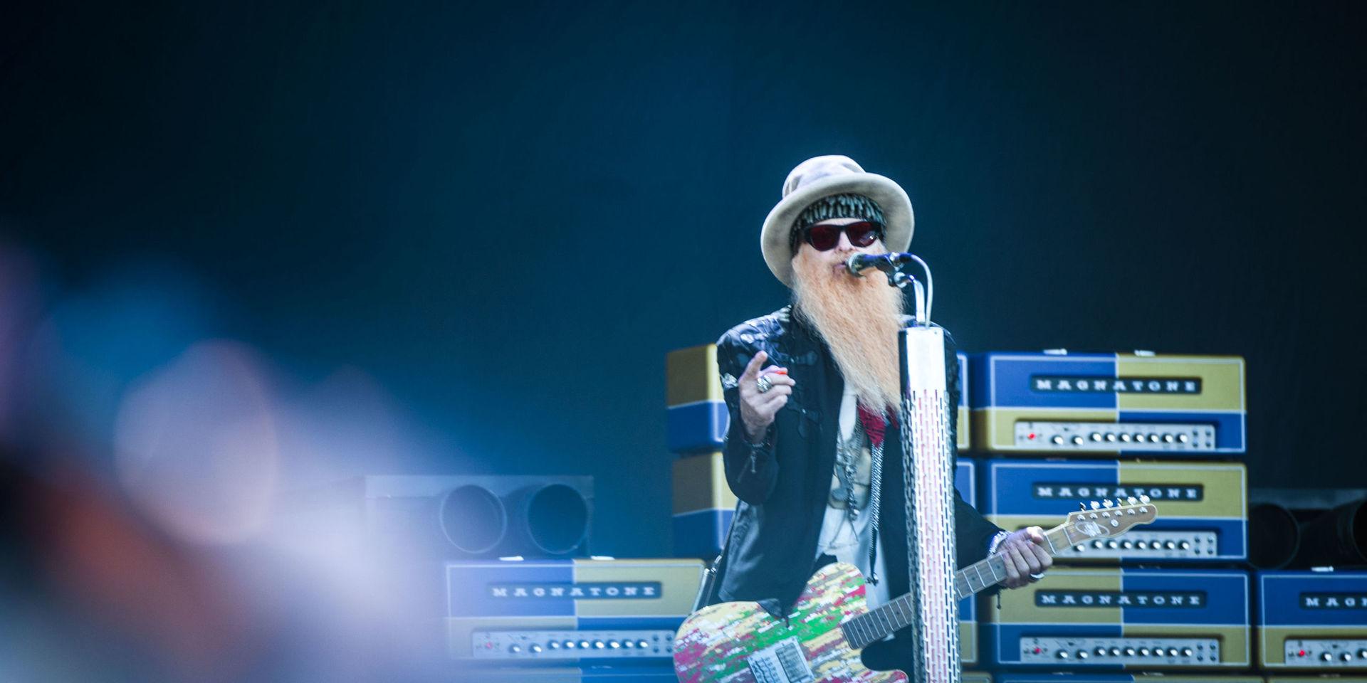 ZZ Tops Billy Gibbons (gitarr, sång) på Sweden Rock Festival. Arkivbild. 
