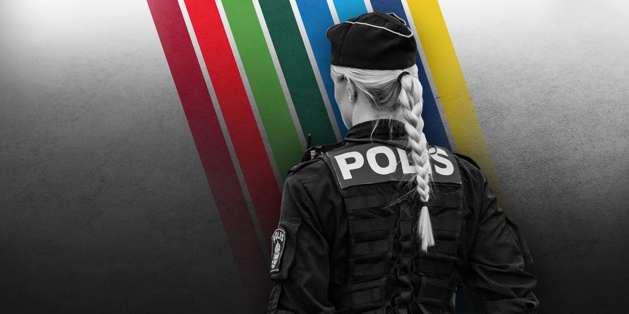 Bilden är ett montage med en kvinnlig polis. 