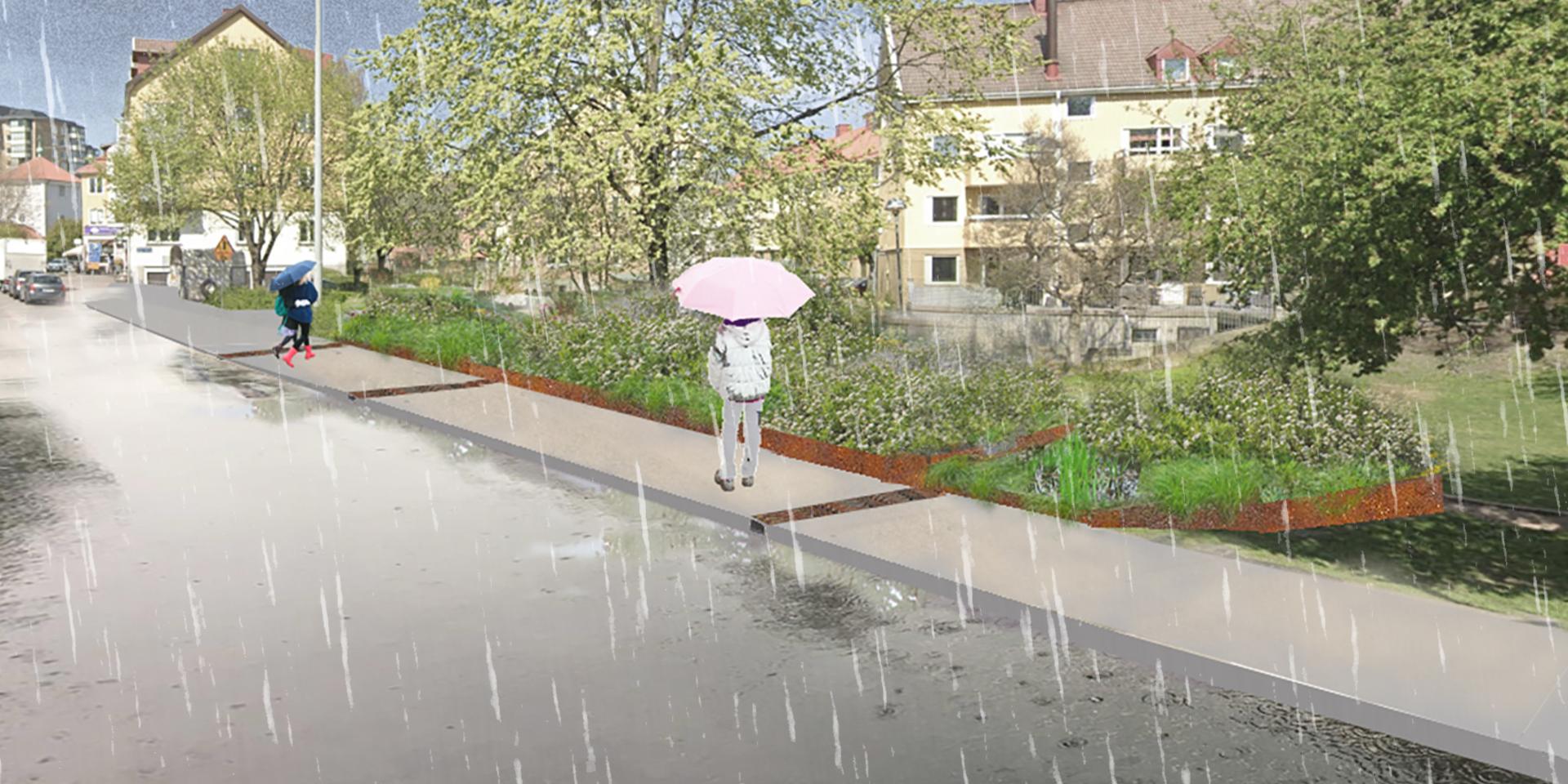 Regnrabatter är en del av åtgärderna för att få bukt med översvämningarna i Brämaregården.
