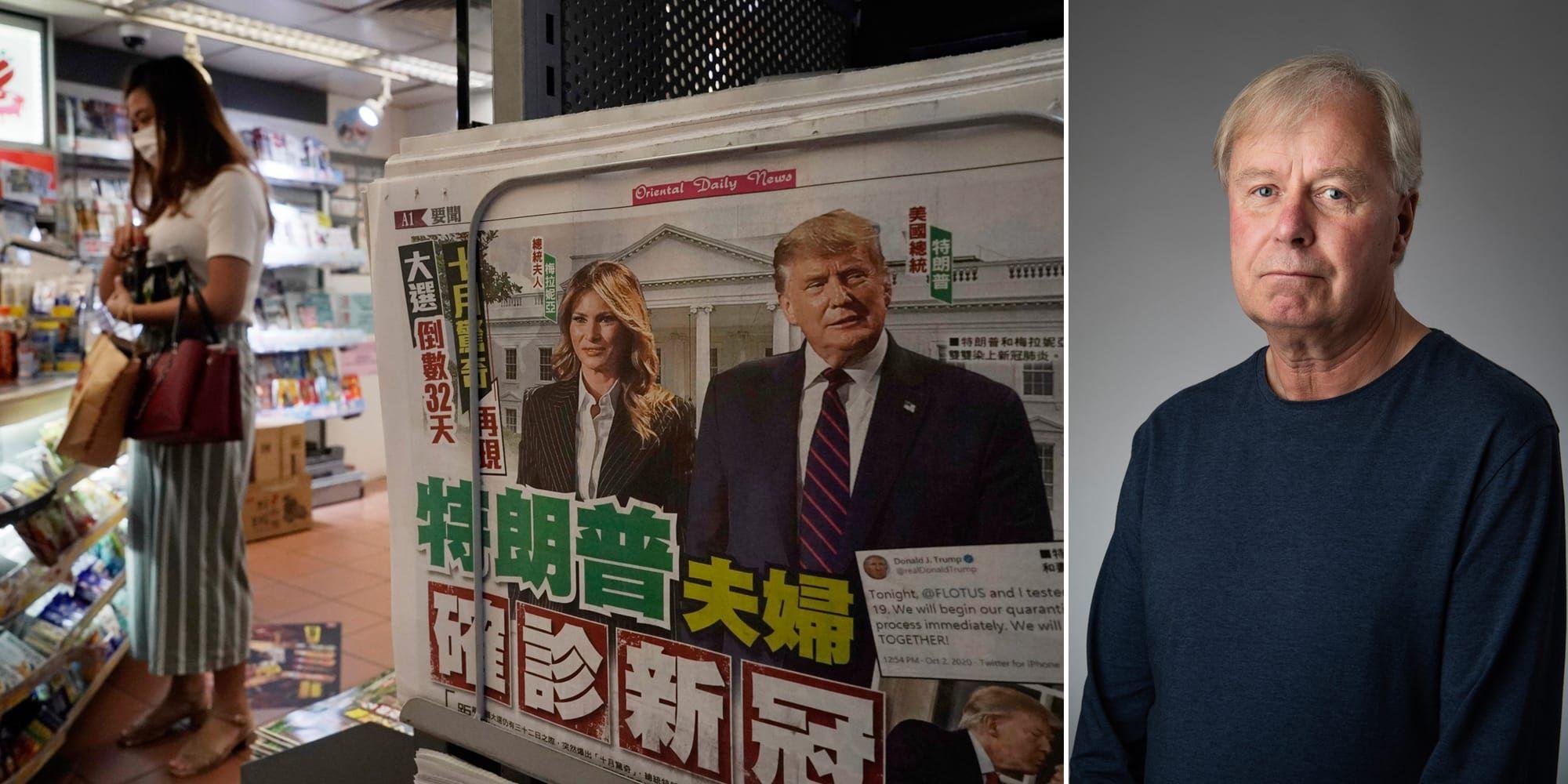 Ett tidningsställ i Hongkong. ”Att Donald Trump är intagen på sjukhus skakar inte bara USA”, skriver GP:s Jan Höglund i sin analys. 