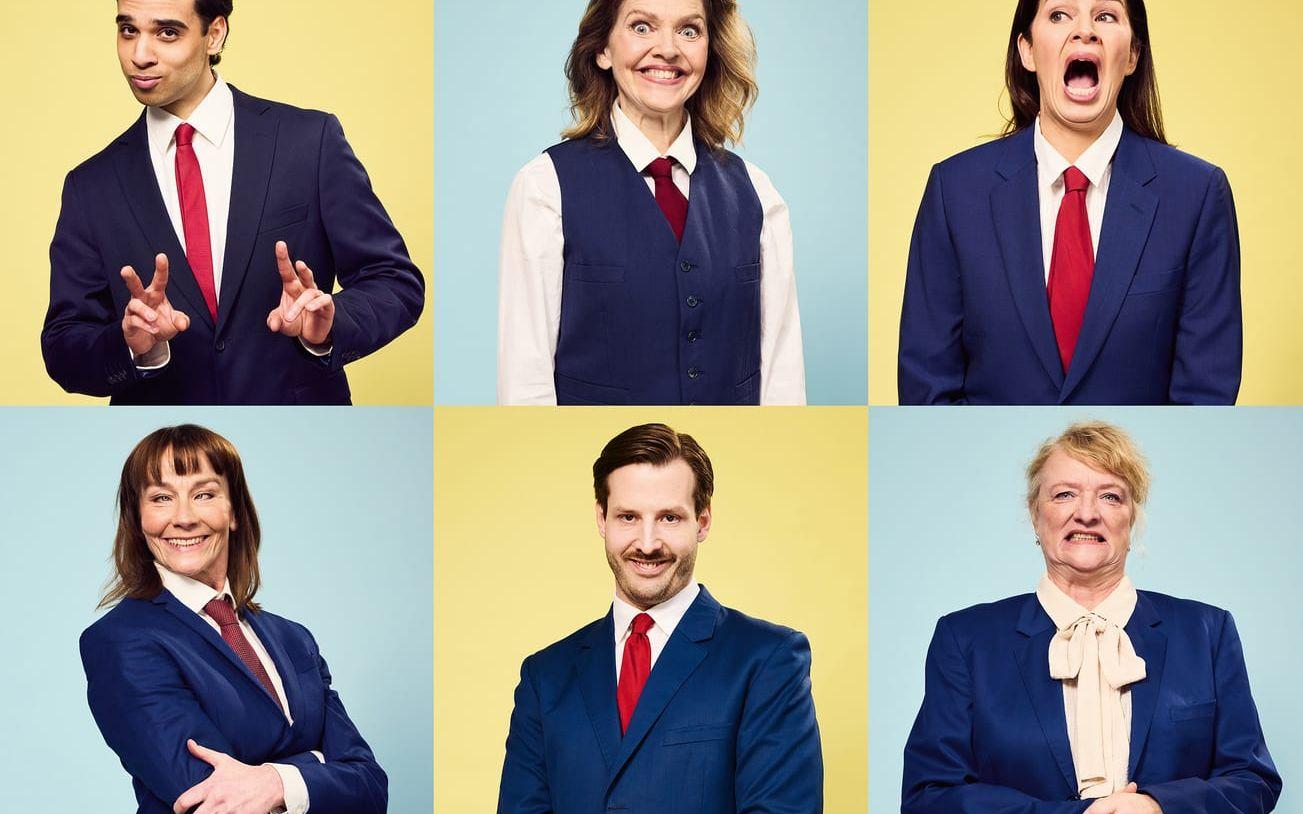 Emil Hedayat, Ann-Sofie Rase, Anna Gunnarson, Elisabet Carlsson, Lucas Krüger, Anna Takanen i "Det ska va' trevligt", valrevyn Parkteatern sätter upp i sommar. 