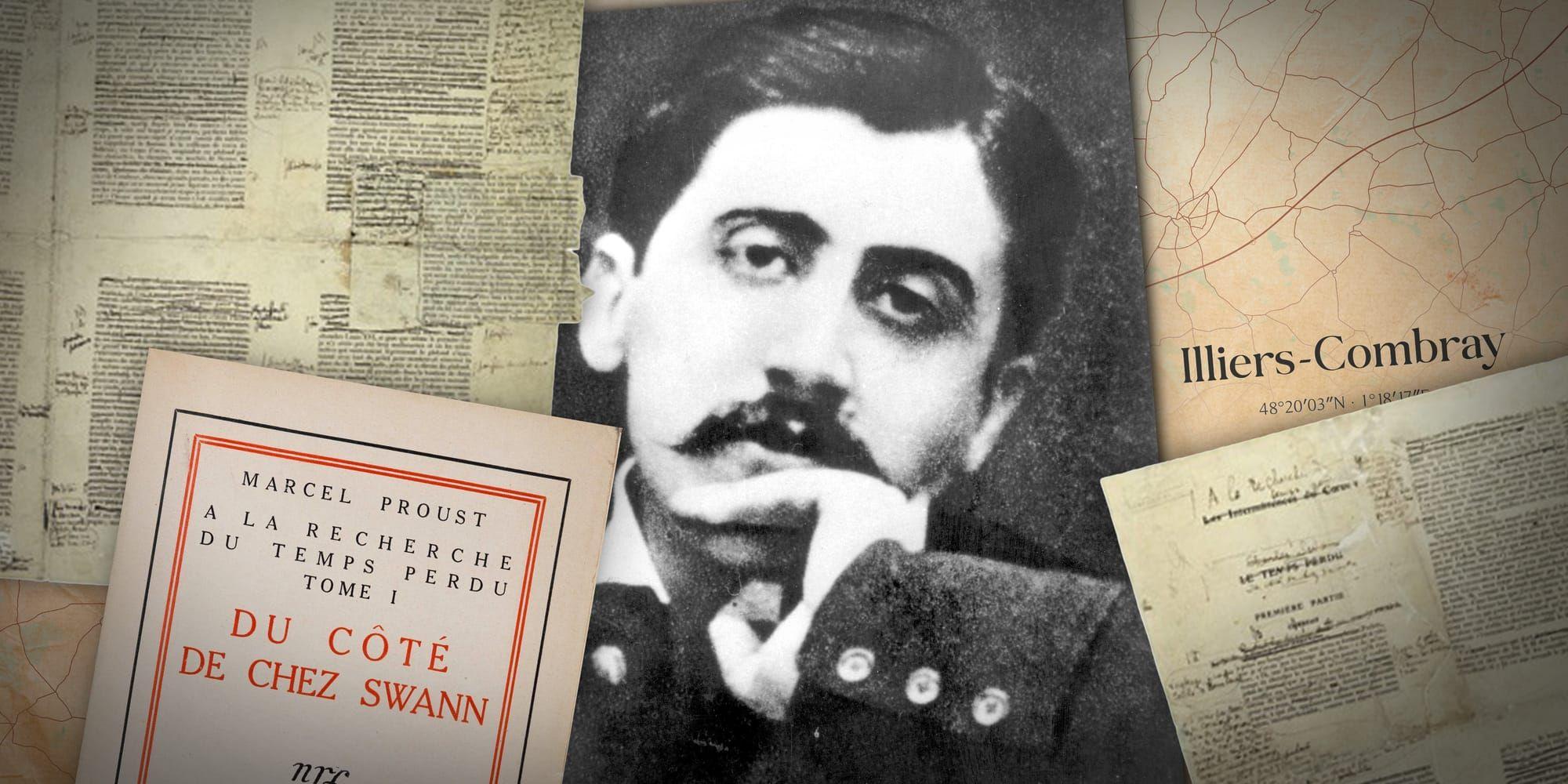 Collage med svartvitt foto av Marcel Proust i mitten, omslaget till ”Du côté de chez Swann”,  en karta över Combray och korrektur. 